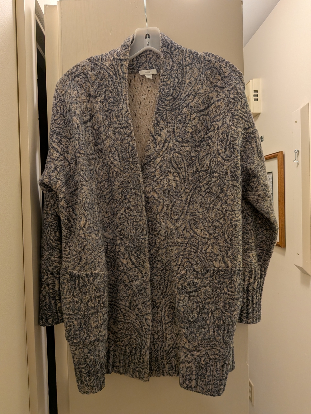 PureJill Open-Front Paisley Knit Cardigan in Blue and Cream SP Small Petite